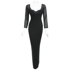 2001 Dolce & Gabbana Sheer Black Silk Built-In Lace Bra Plunge Hourglass Gown