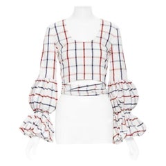 new ROSIE ASSOULIN 2018 white checked seersucker puff sleeve wrap top US2 XS