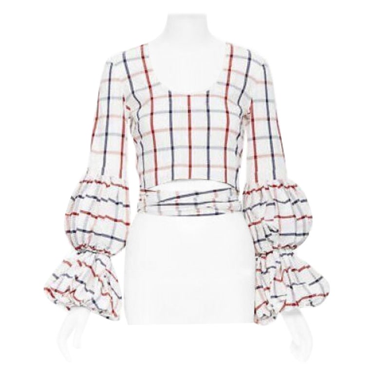 new ROSIE ASSOULIN 2018 white checked seersucker puff sleeve wrap top US0 XS For Sale