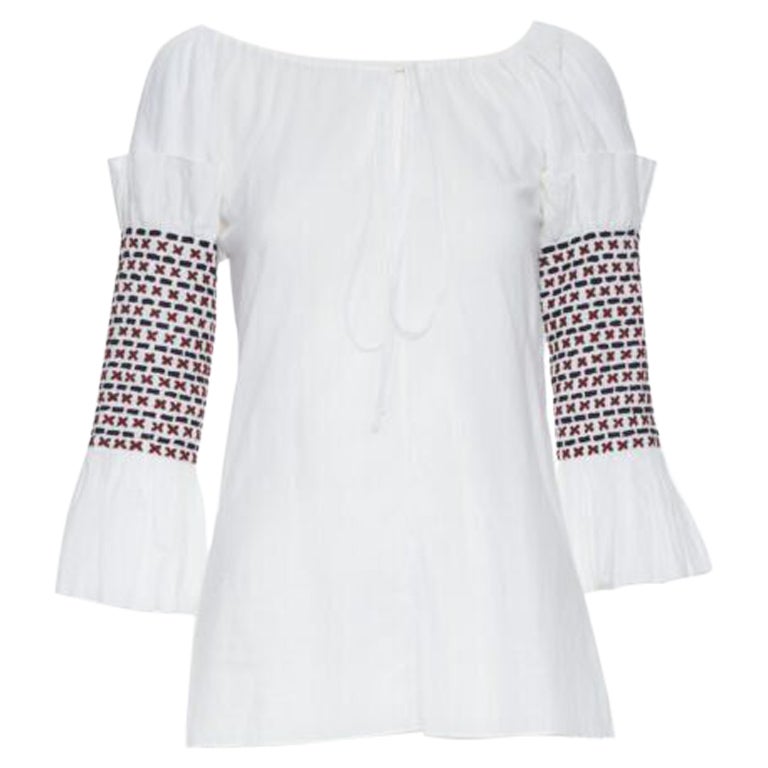 new ROSIE ASSOULIN white ethnic embroidery smocked sleeves off shoulder top US4 For Sale