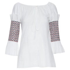 new ROSIE ASSOULIN white ethnic embroidery smocked sleeves off shoulder top US4