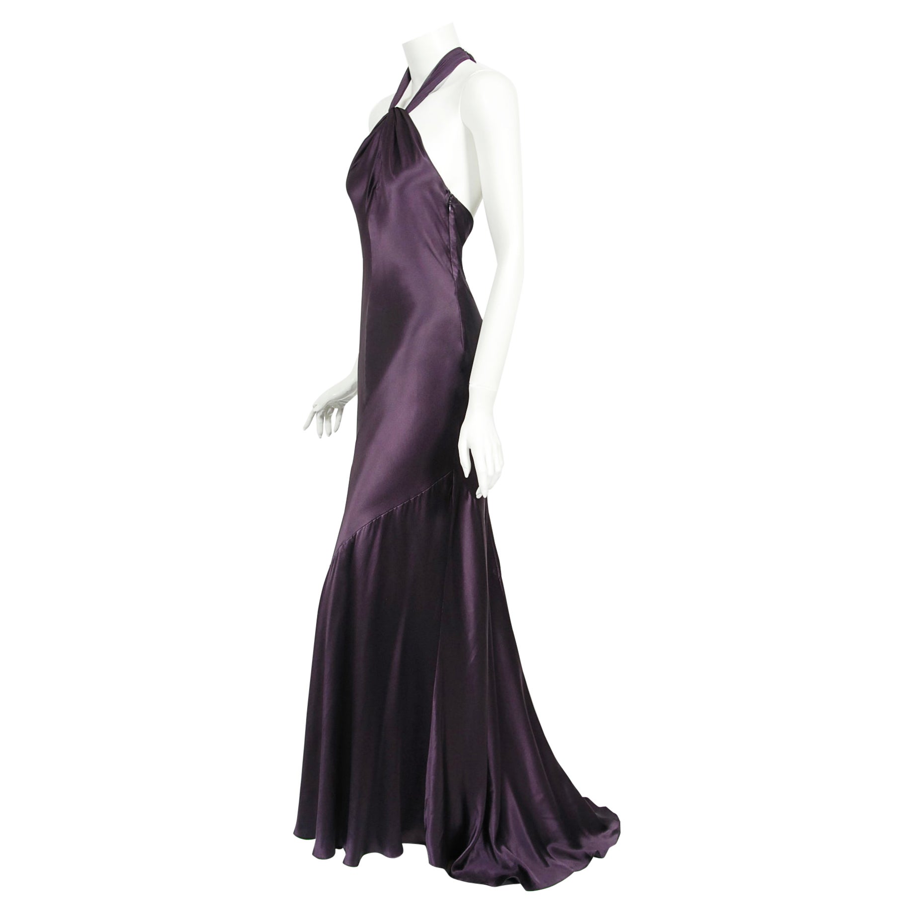Vintage 1998 Gianni Versace Couture Purple Silk Halter Bias-Cut Sculpted Gown