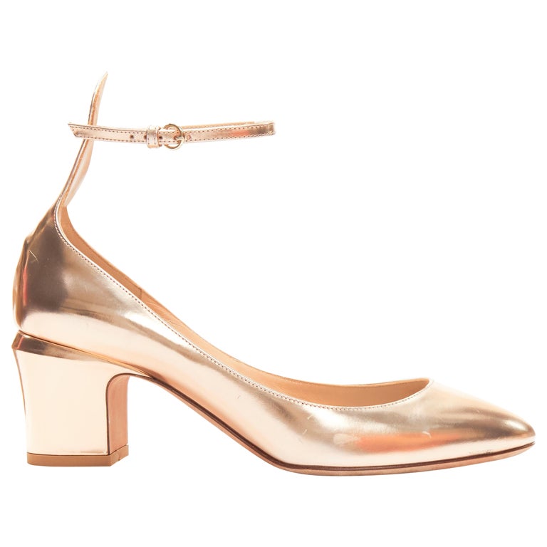 VALENTINO Tango metallic bronze leather ankle strap block heel pumps ...