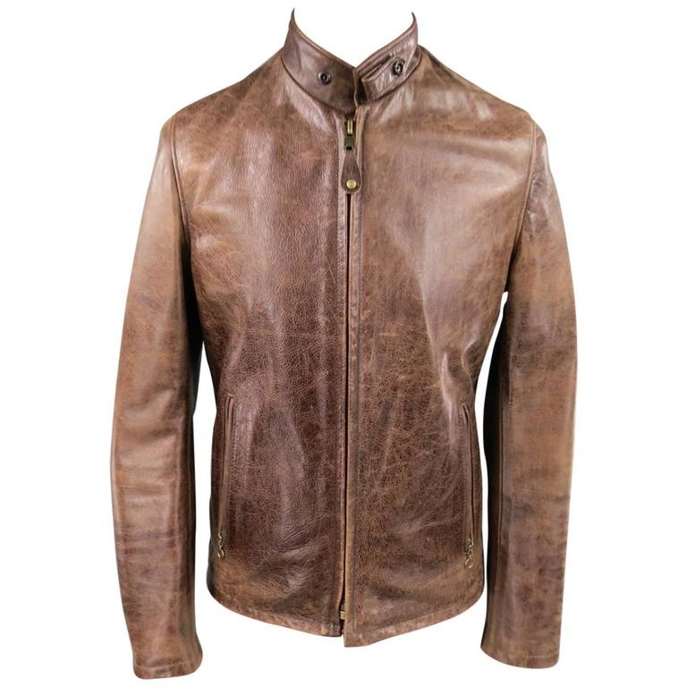 SCHOTT S Distressed Brown Leather Motorcycle Jacket at 1stDibs