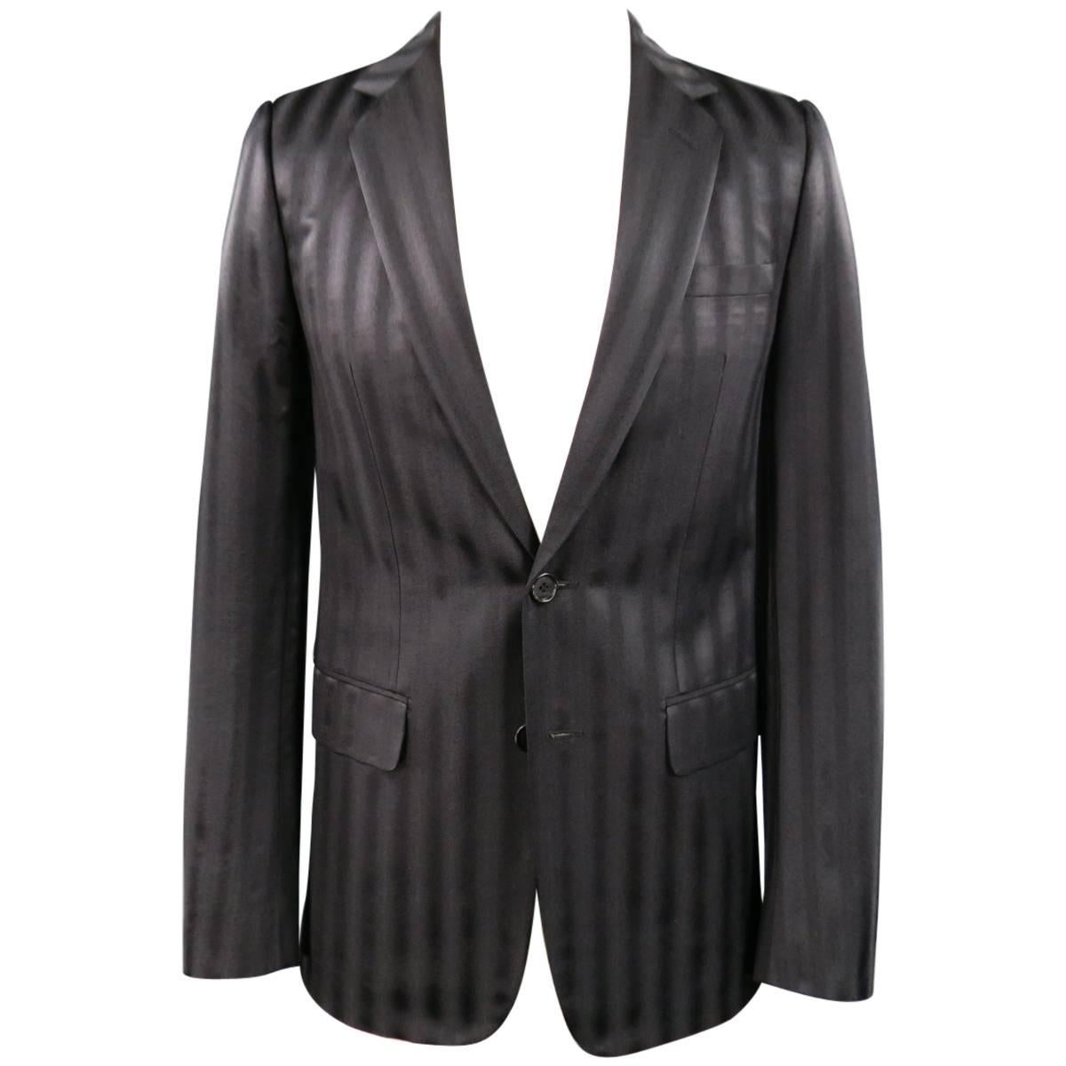 Men's DIOR HOMME by HEDI SLIMANE 36 Black Satin Striped Wool / Silk Sport Coat