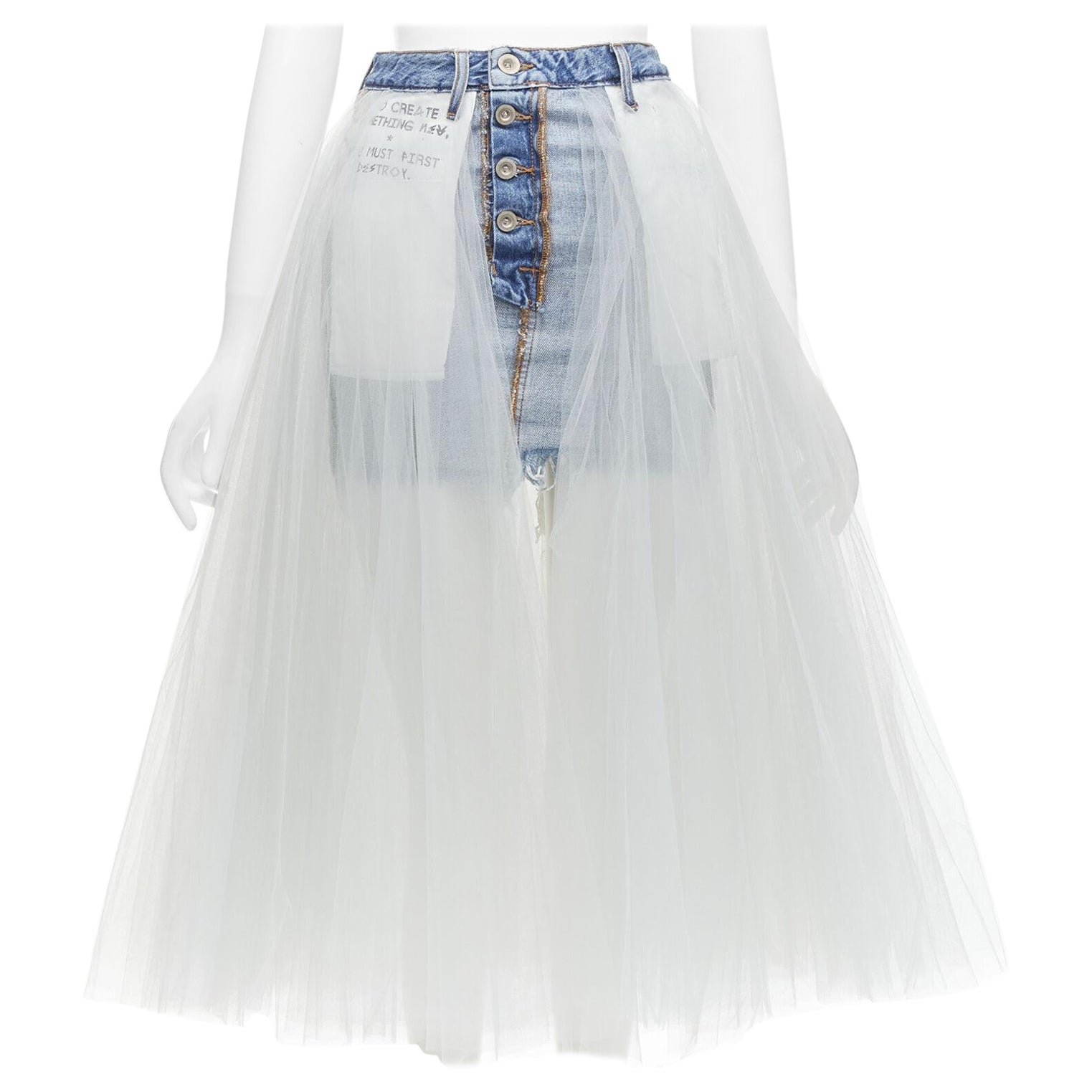 UNRAVEL PROJECT BEN TAVERNITI white tulle tutu inside out washed denim skirt 24" For Sale