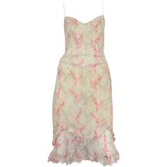 Vintage Chloe Green & Pink Feather Print Slip Dress 1999