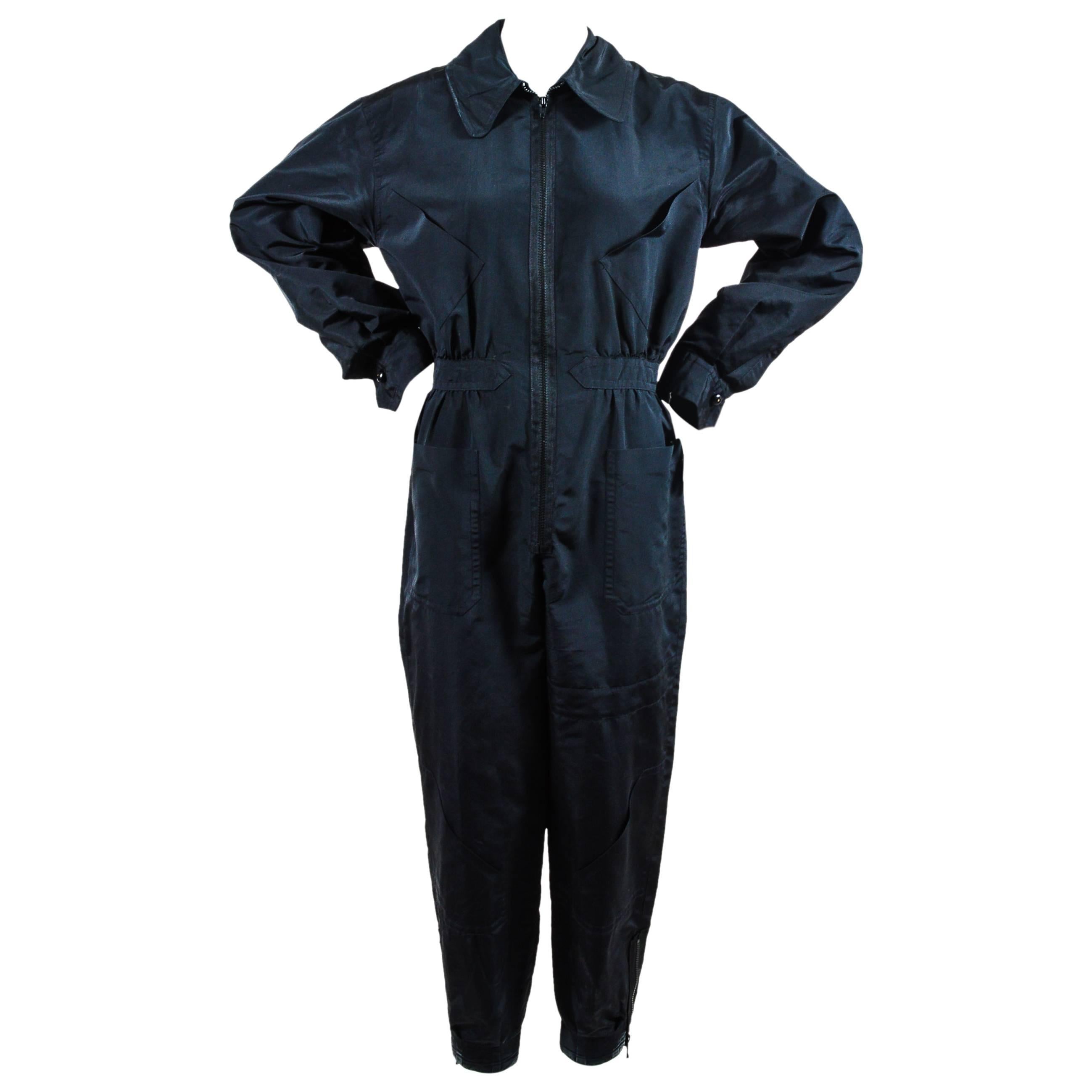 Chanel Black Silk Coverall Long Sleeve Jumpsuit Size 38 For Sale