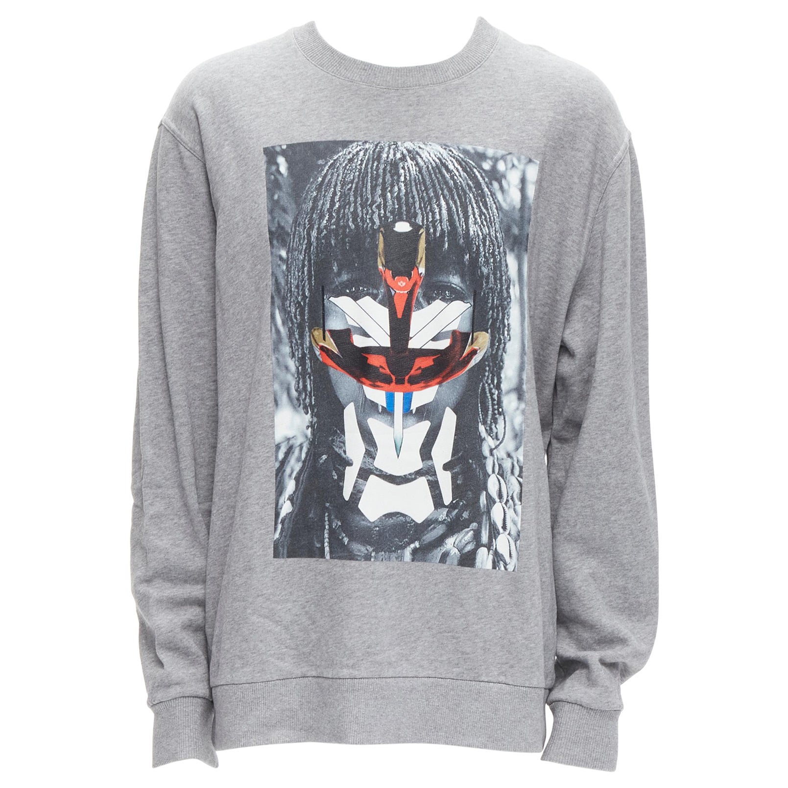 GIVENCHY Riccardo Tisci grey tribal girl graphic print cotton crew sweater S For Sale