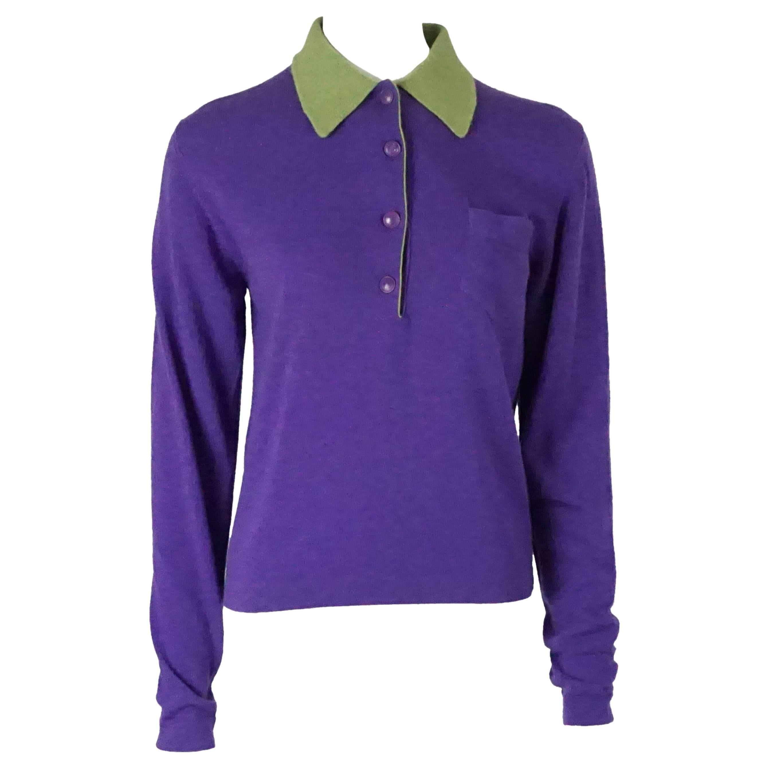 Hermes Vintage Purple Cashmere Sweater with Green Collar - L - 1970's