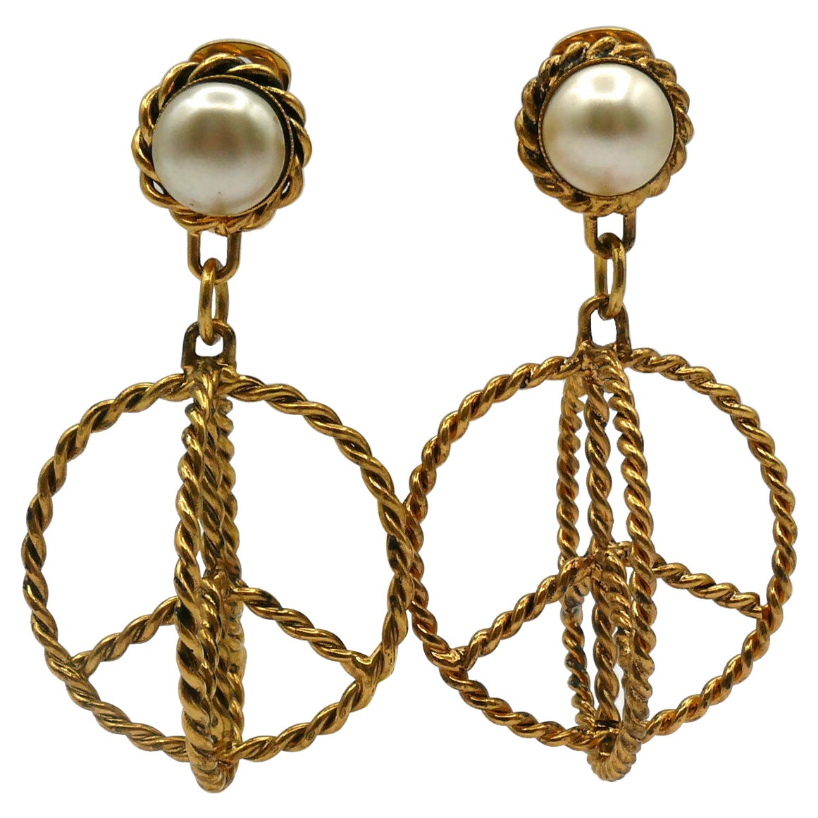 MOSCHINO Vintage Gold Tone Peace Dangling Earrings For Sale