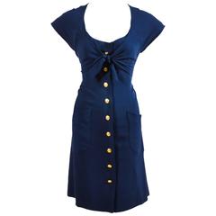 Chanel Navy Blue Gold Tone "CC" Button Front Ruffle Trim Short Sleeve Dress
