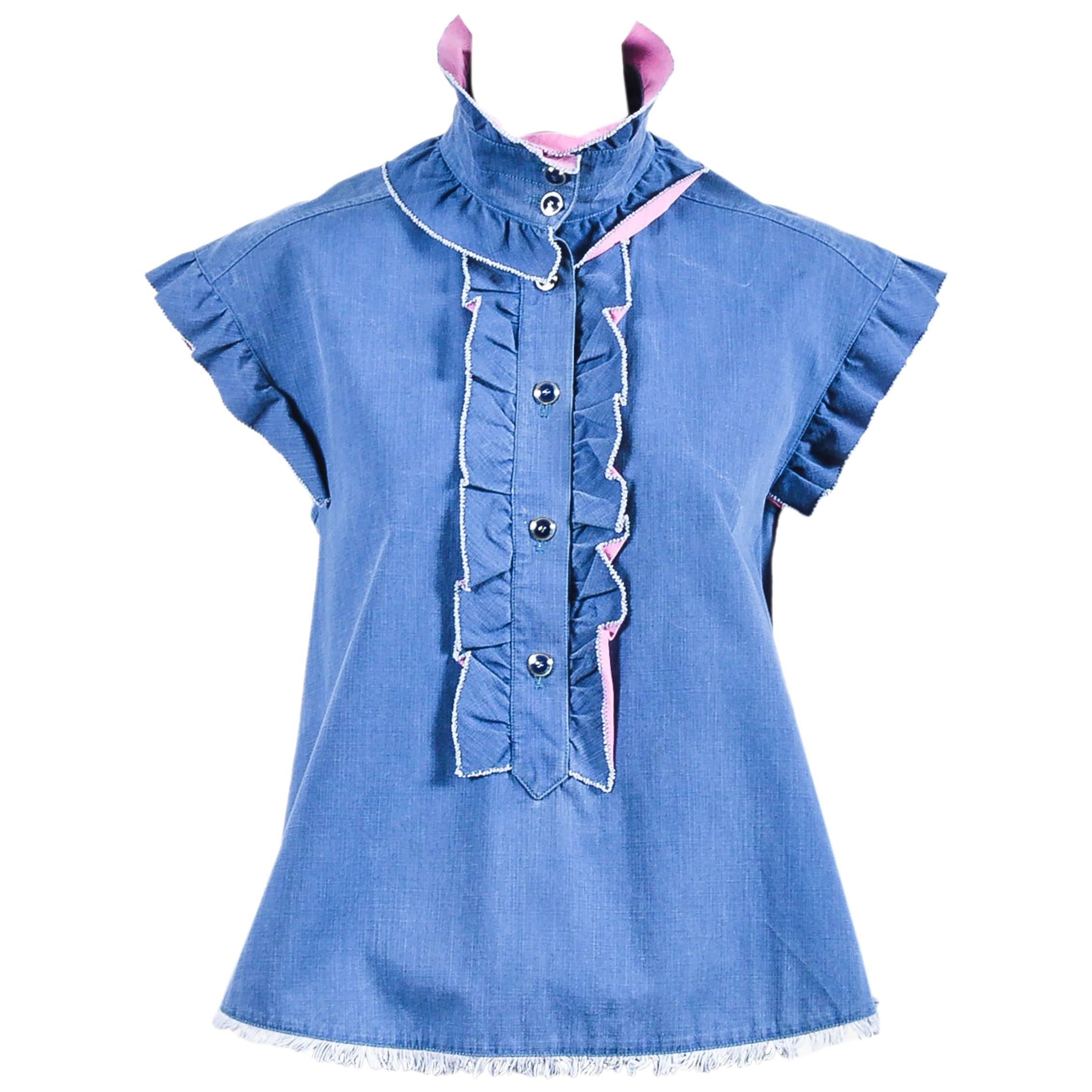 Chanel 07C Blue Pink Cotton Denim Ruffle Frayed Edge Button Up A Line Top SZ 42 For Sale