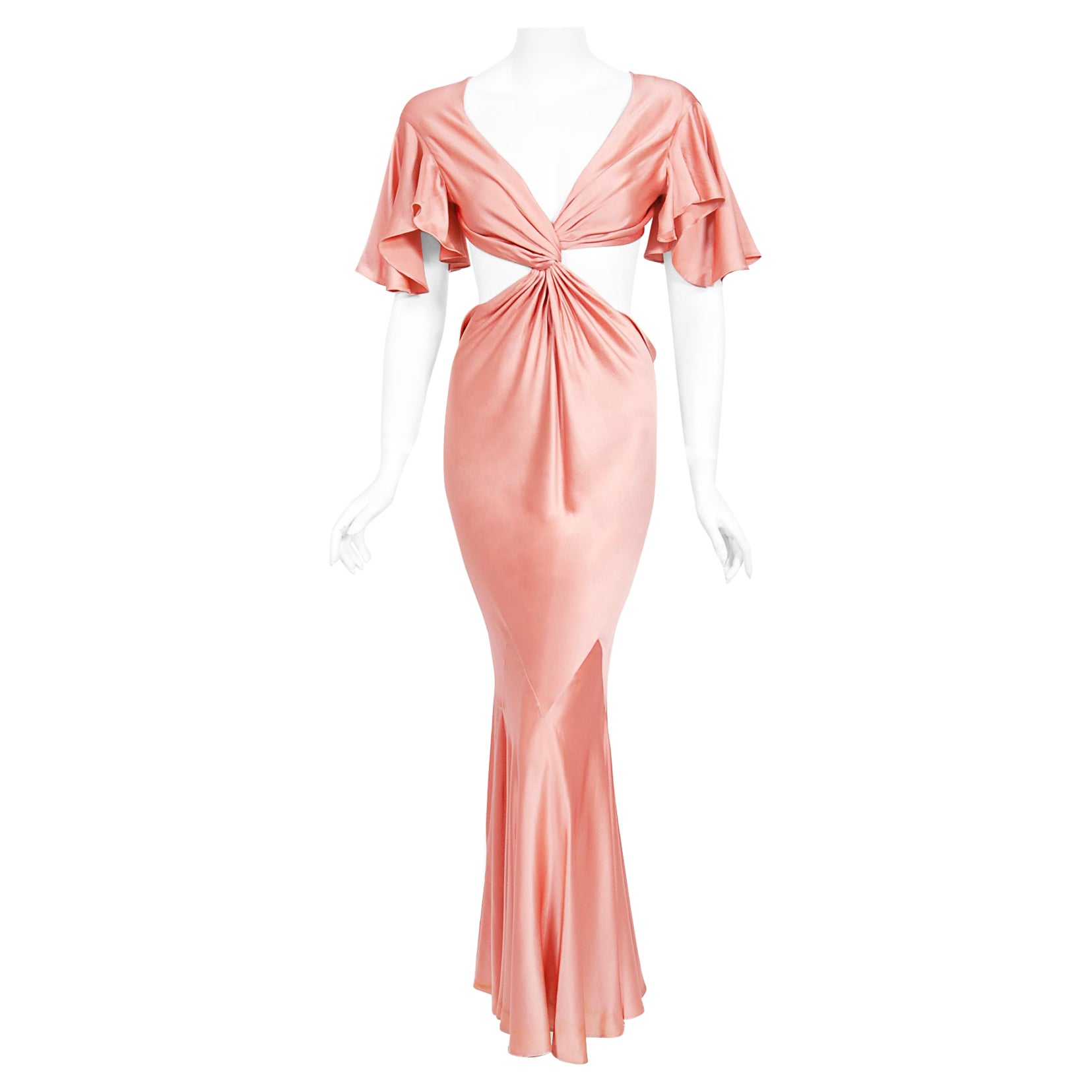 Vintage 2004 Alexander McQueen Lifetime Runway Pink Silk Cut-Out Ruffle Gown