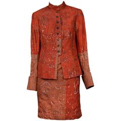 Retro Dries Van Noten Burgundy Embroidered Skirt Suit