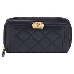 Chanel Black Quilted Leather Boy Zip Around Wallet