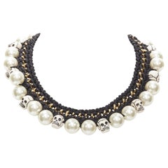 VANESSA ARIZAGA Lot of 2 XL pearl skull charm black braided necklace bracelet