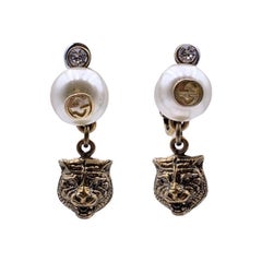 Gucci Gold Metal Faux Pearl Tiger Head and Crystal Clip On Earrings