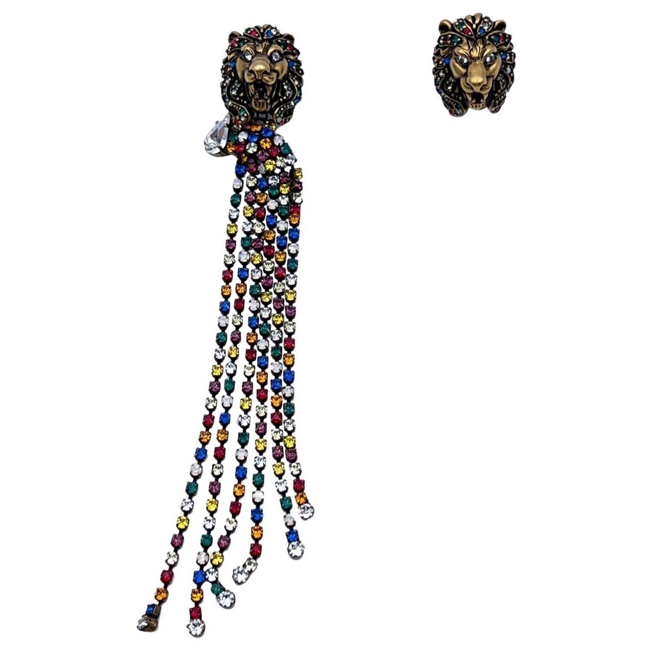 Gucci Lion Head Asymmetric Cascade Earrings With Multicolor Crystals