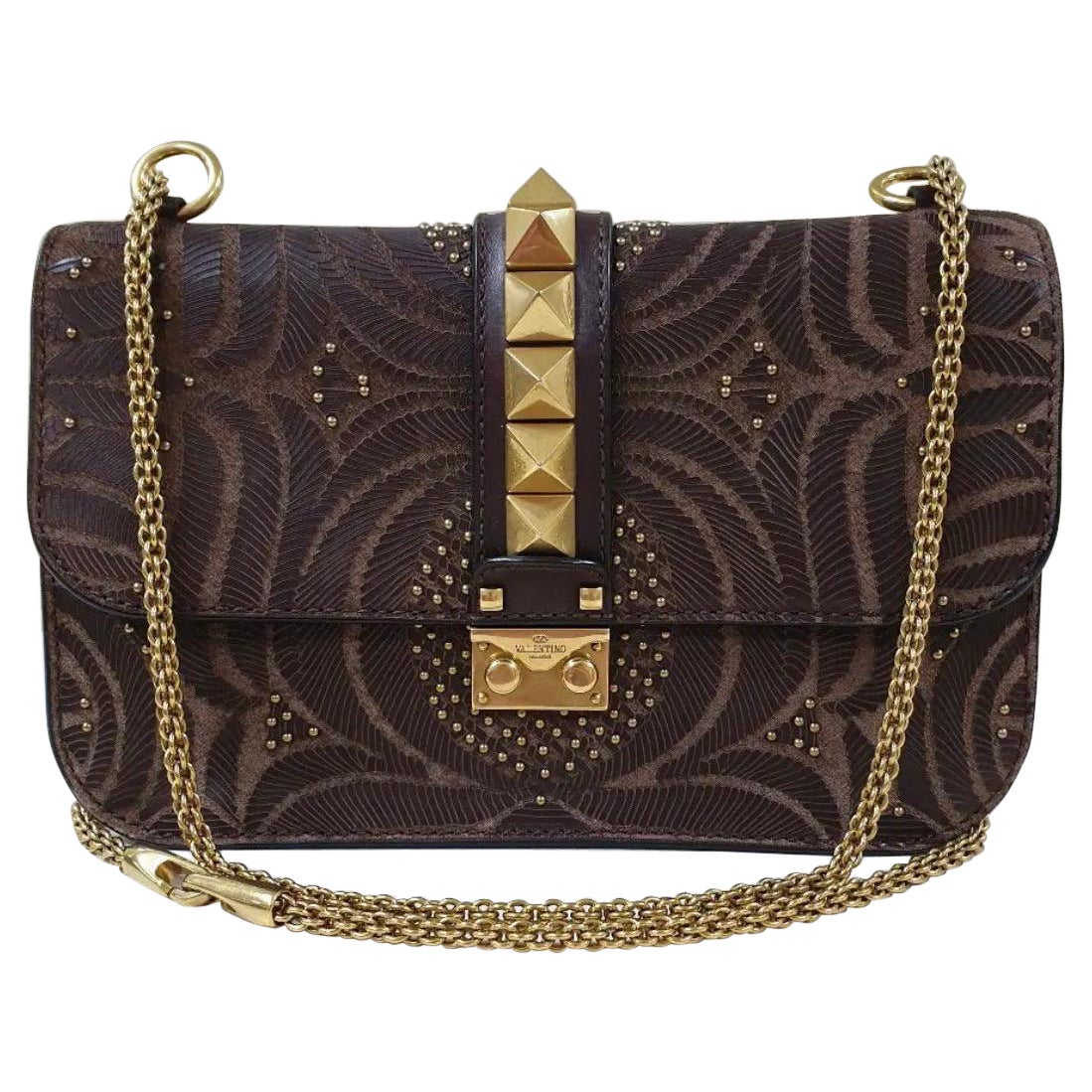 Valentino Glamrock Brown Leather Embroidered Bag For Sale