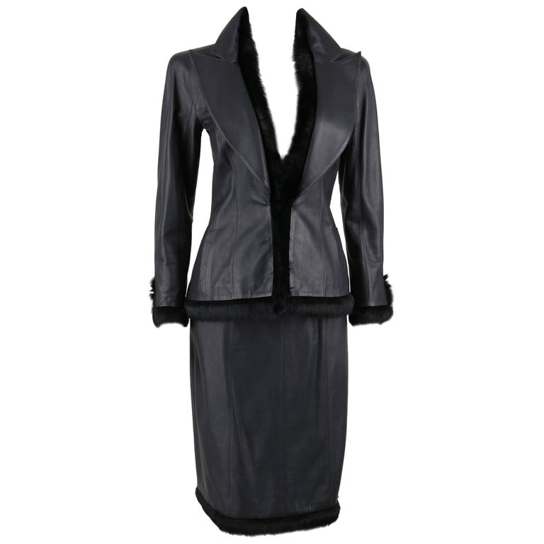CHANEL 2 Pc Black Lambskin Leather Fur Trim Blazer Skirt Suit Set