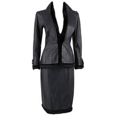 CHANEL 2 Pc Black Lambskin Leather Fur Trim Blazer Skirt Suit Set SZ 38 / 40 02A 1