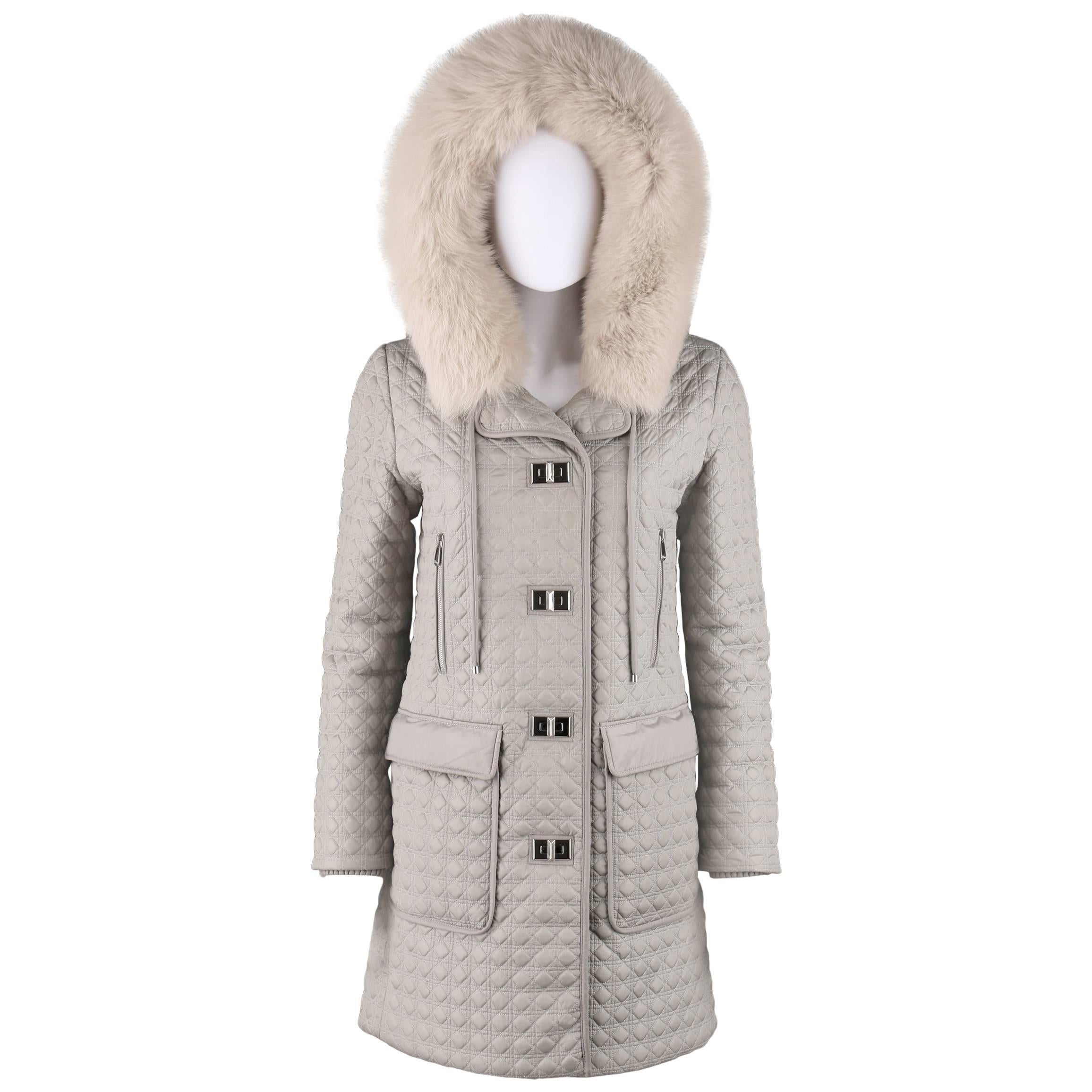 CHRISTIAN DIOR Gray Lady Dior Quilted Hooded Coat Genuine Fox Fur Trim Size 38