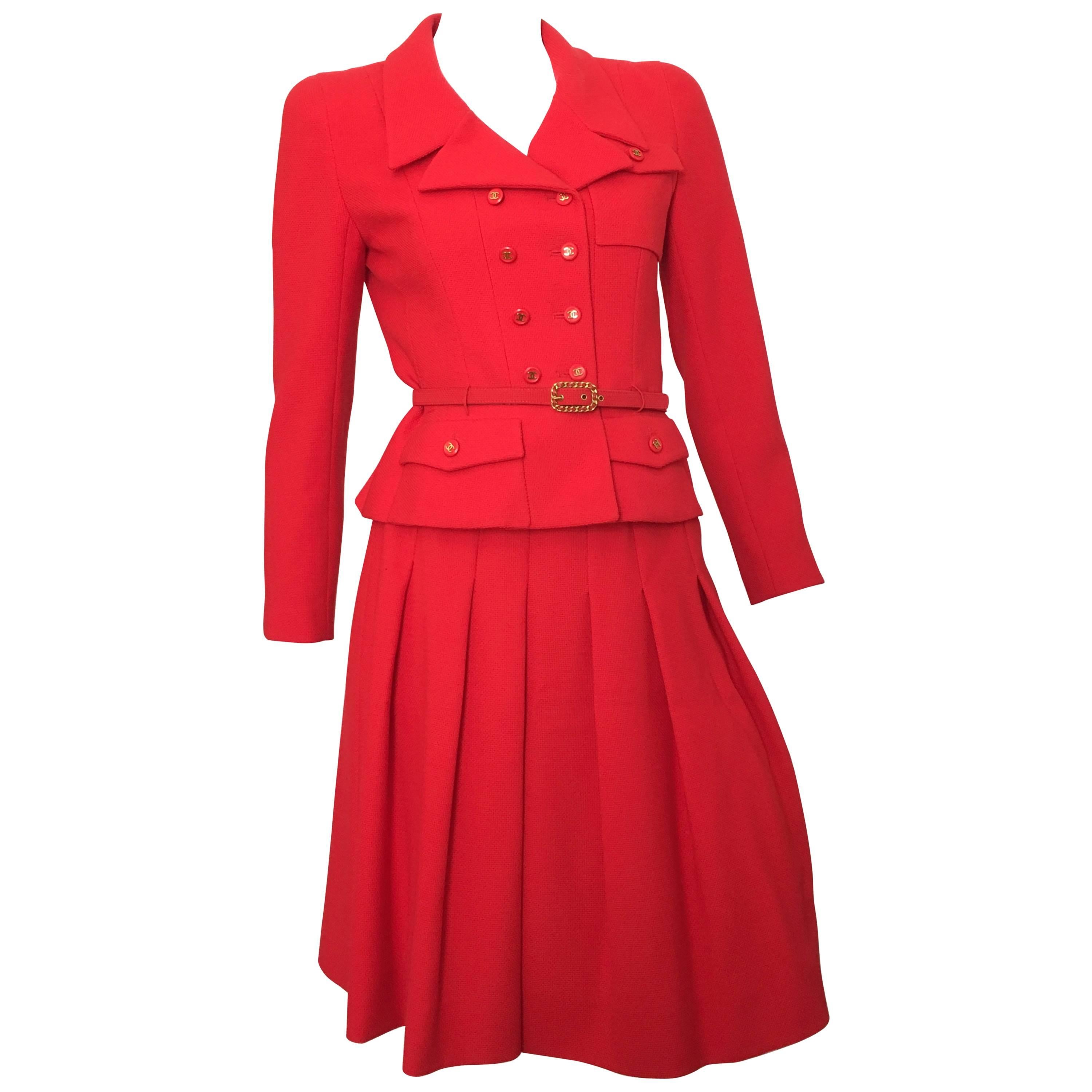 Chanel Red Suit Jacket & Pleated Skirt Size 4.