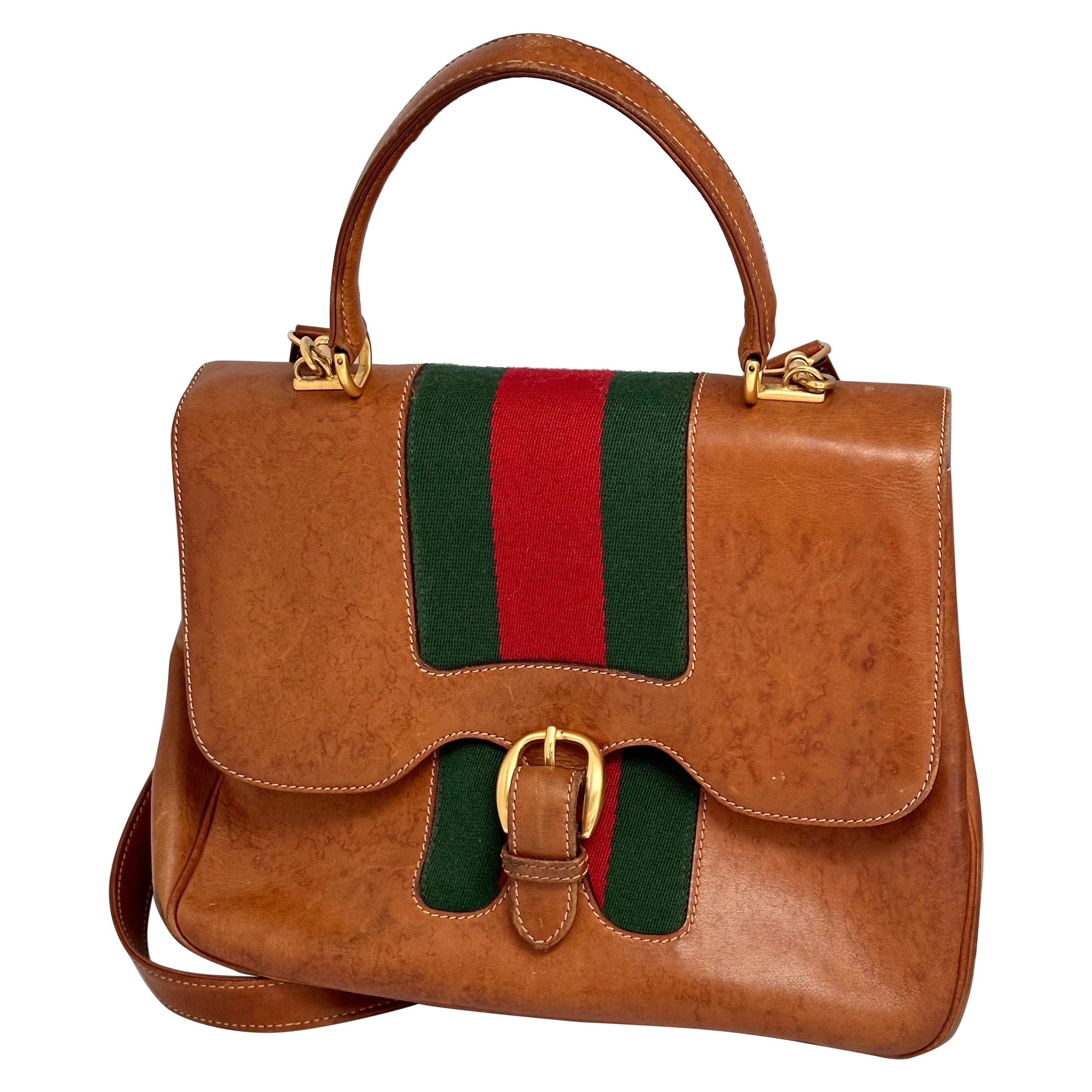 Vintage Gucci tan leather/ Brass / Fabric handbag estimated mid 1970’s