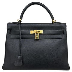 Retro Hermès Kelly 32 Veau Grain Lisse Noir 