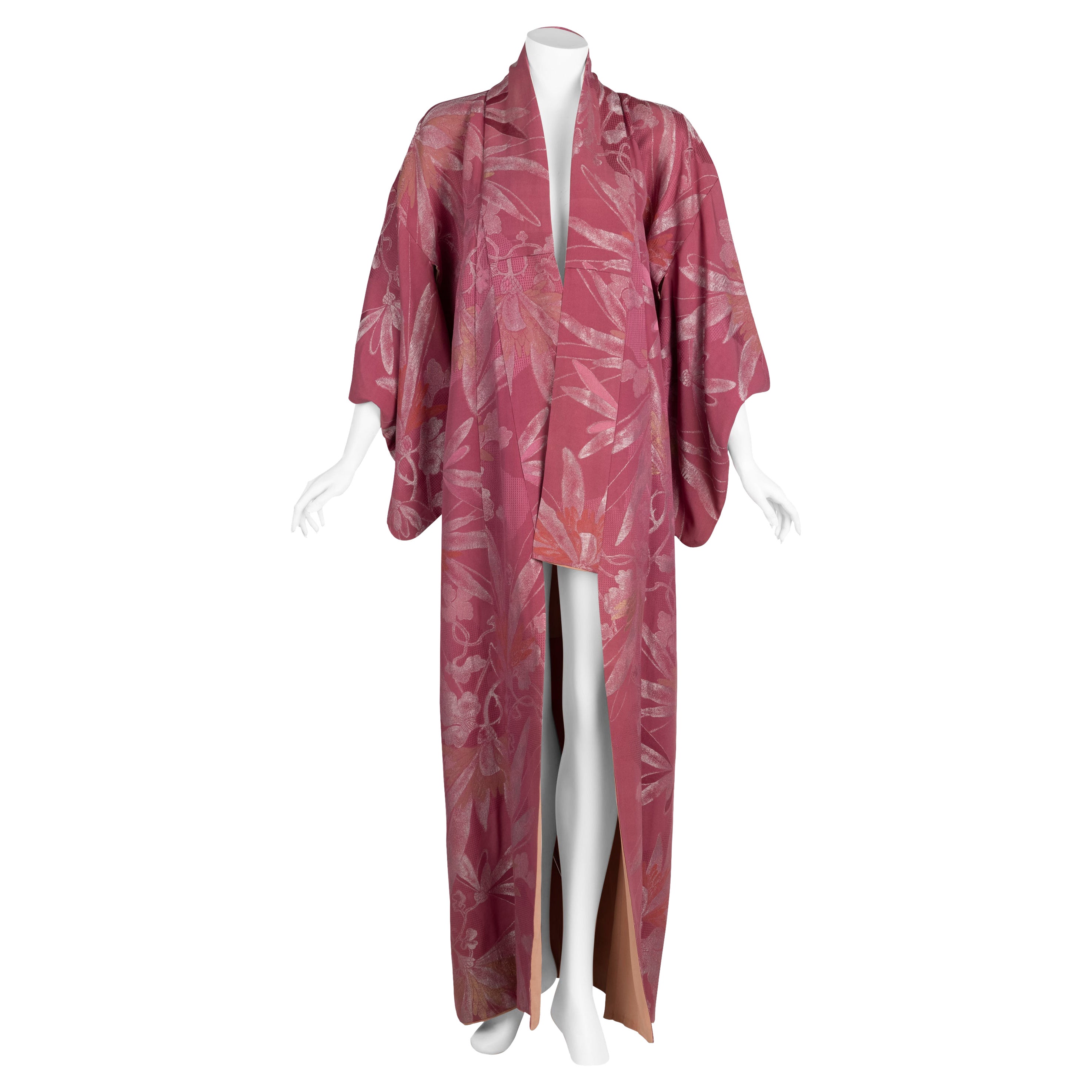 Vintage Japanese Dusky Mauve Silk Metallic Floral Maxi Kimono For Sale