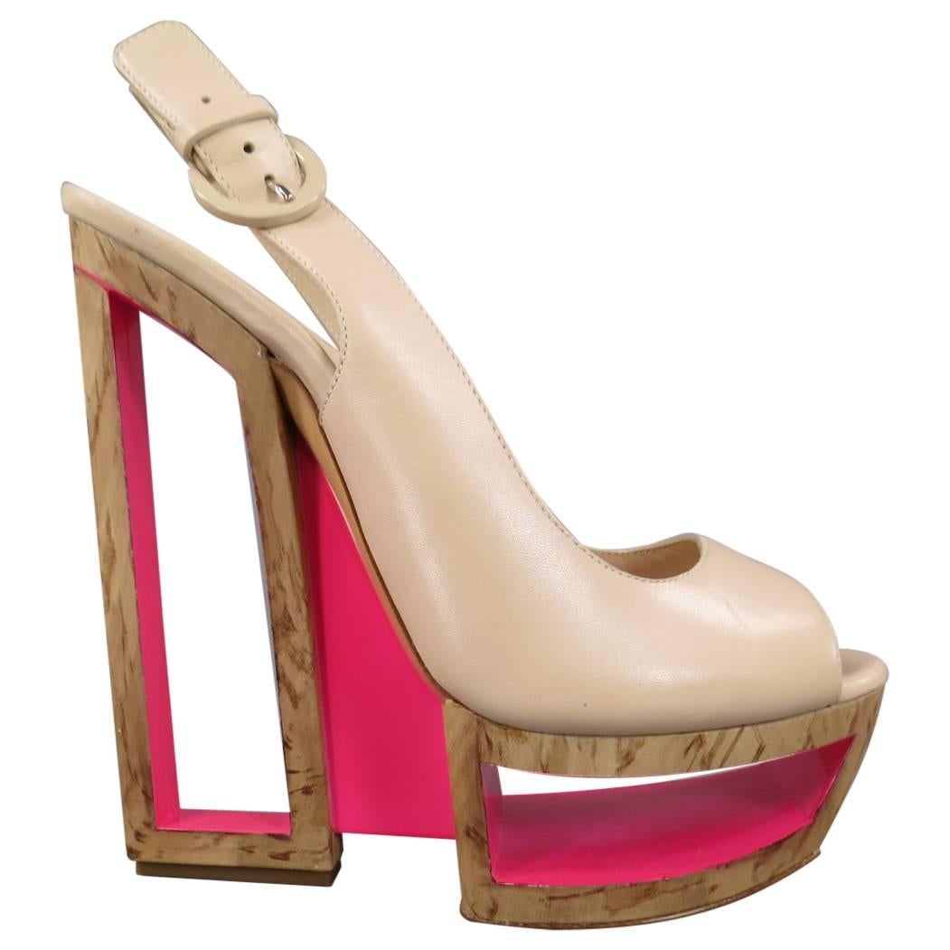 CASADEI Size 8 Beige Nude Leather Peep Toe Pink Cutout Platform Wedges