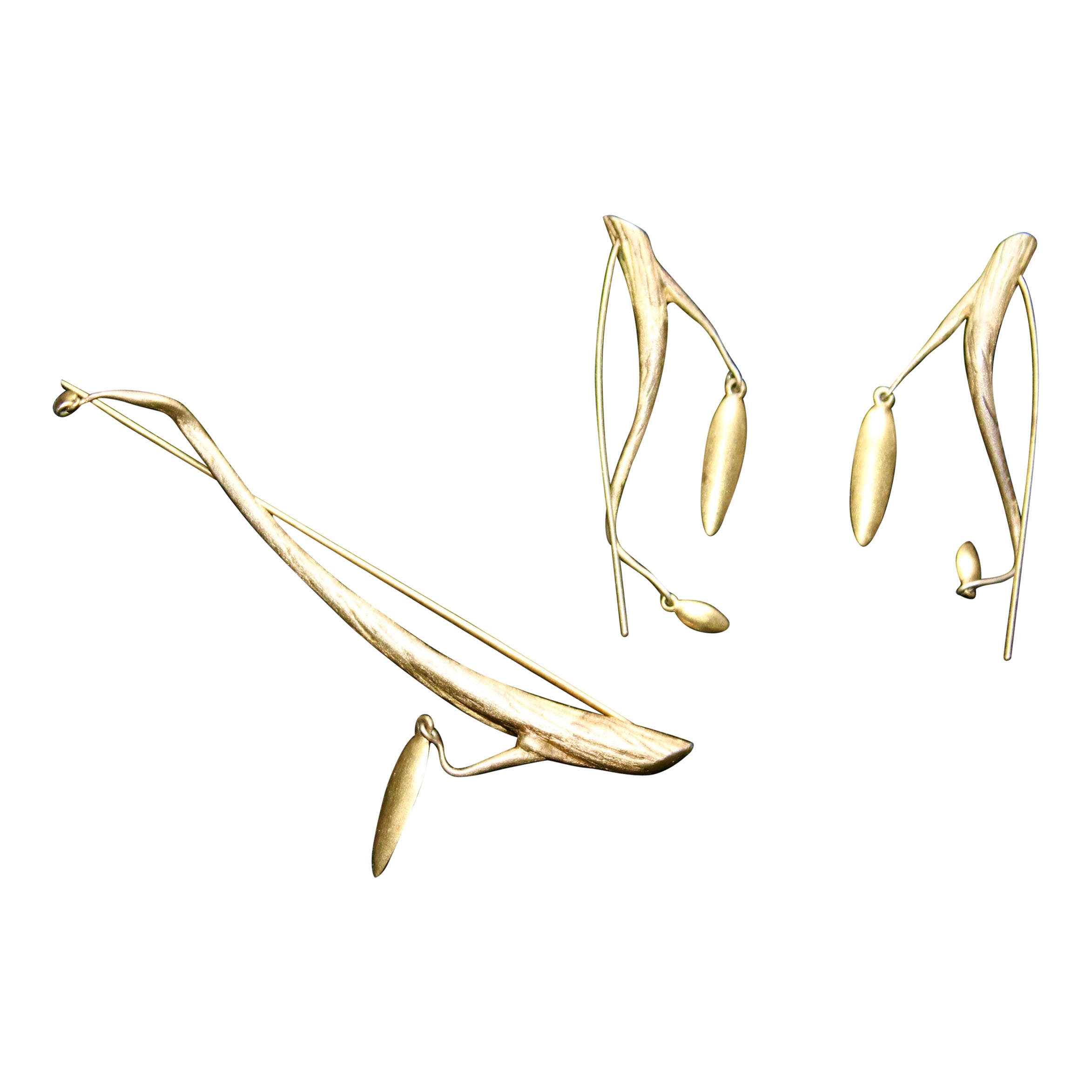 Ted Muehling Twig & Pod 18K Gold Plated Brooch & Earrings  For Sale