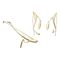 Retro Ted Muehling Twig & Pod 18K Gold Plated Brooch & Earrings 