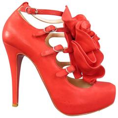 CHRISTIAN LOUBOUTIN Size 7 Red Leather Dillian Flower Platform Pumps