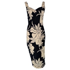 John Galliano Dark Denim Body Con Dress with Tan Tropical Flowers