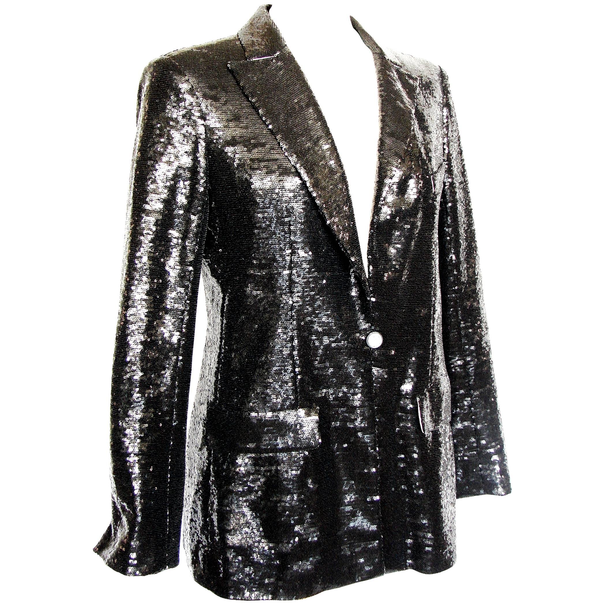 Chanel Evening Jacket Black Sequins with Contrast Cuffs and Collar Sz 44 09C 