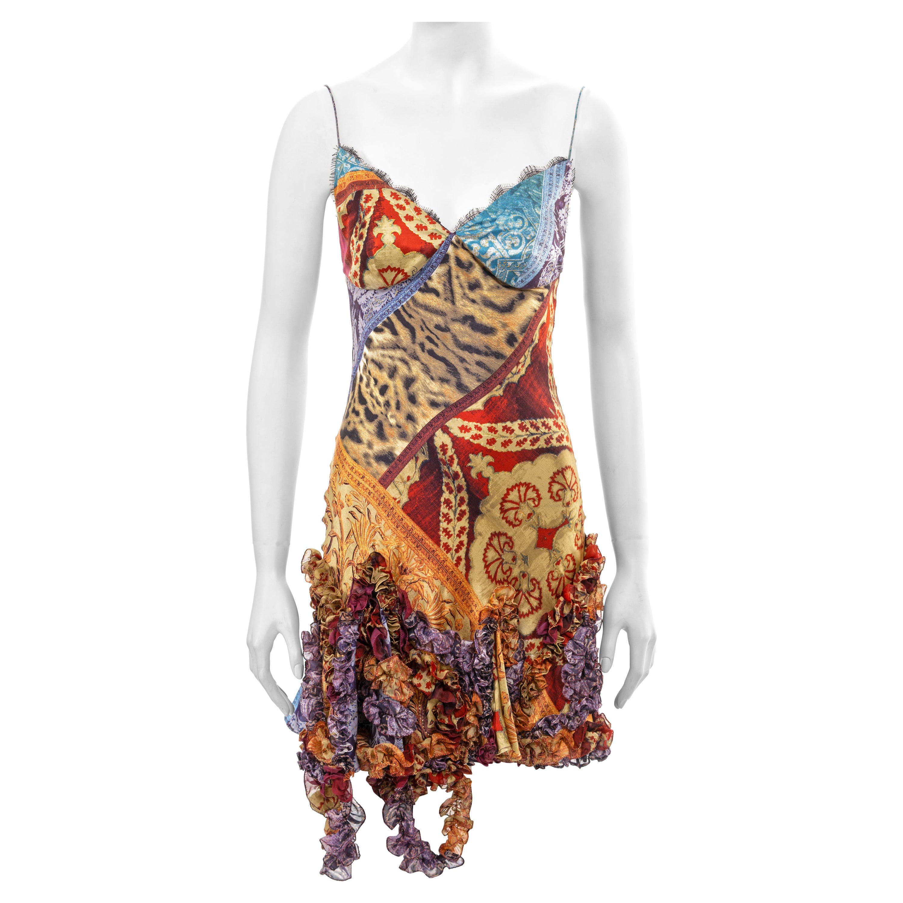 Roberto Cavalli brocade printed silk evening dress with ruffled skirt, fw 2004 For Sale