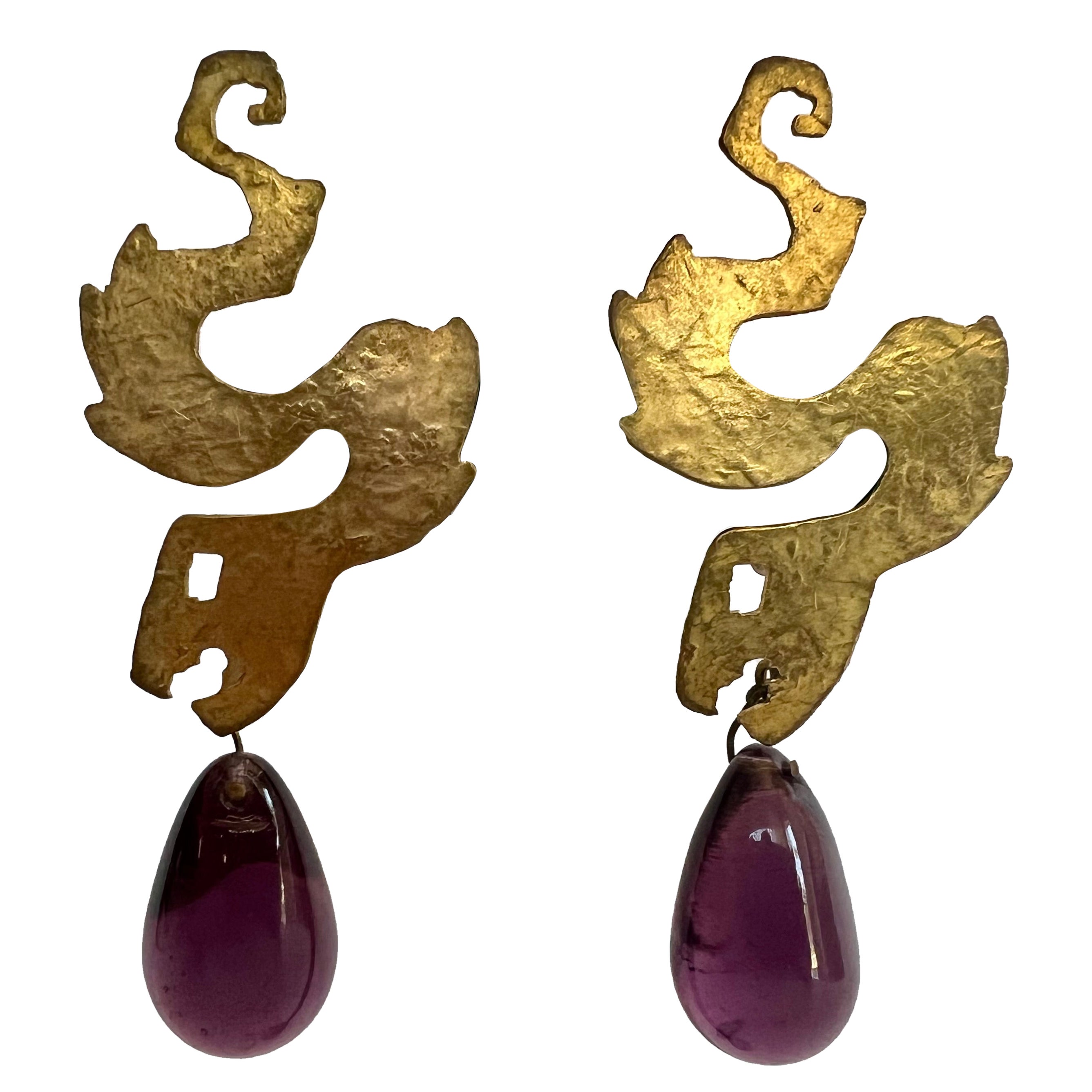 Vintage Herve Van der Straeten Artisan Snake Purple Glass Drop Earrings 