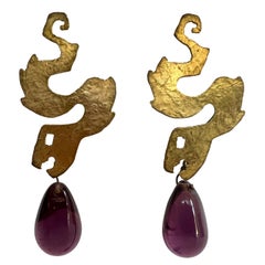 Vintage Herve Van der Straeten Artisan Snake Purple Glass Drop Earrings 