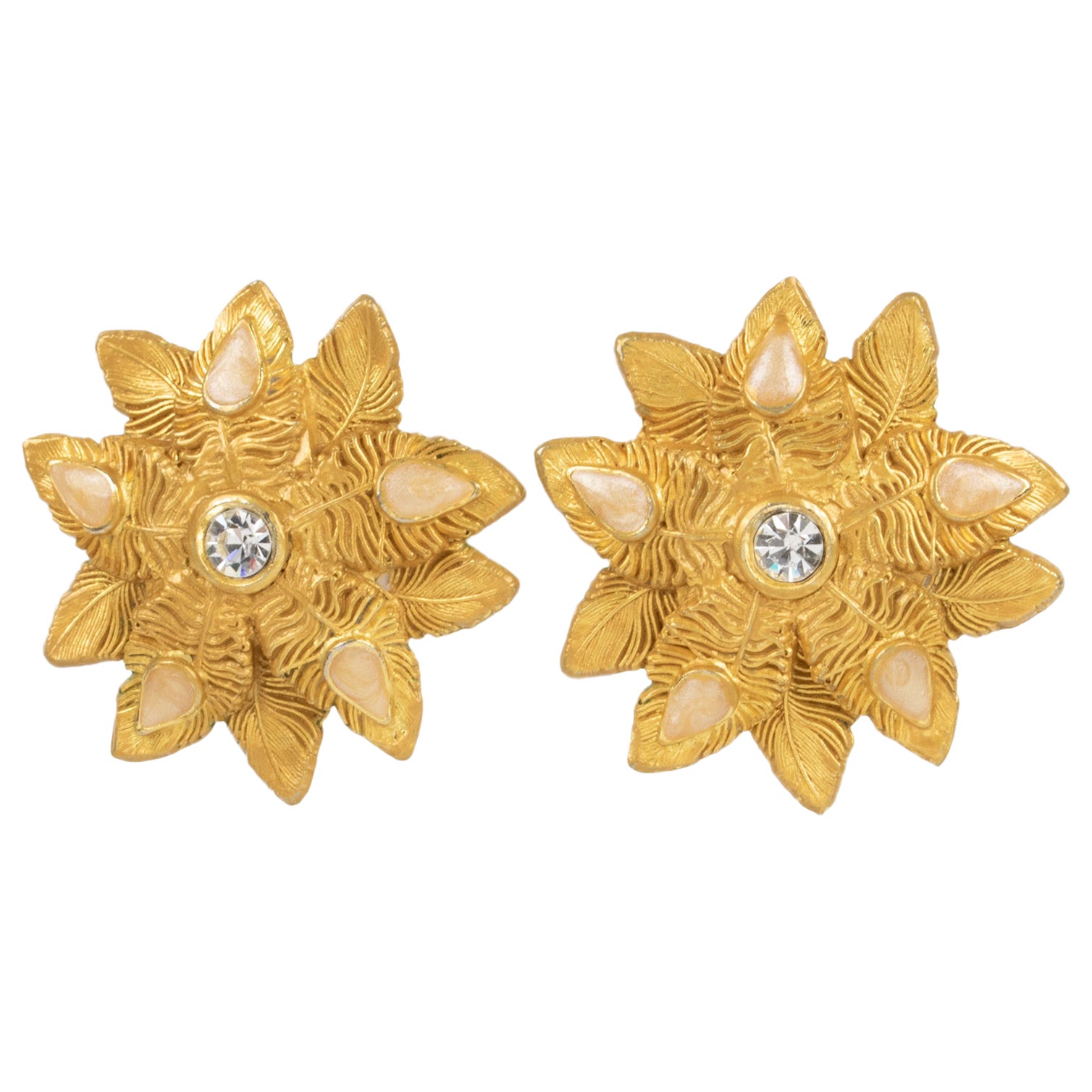 Claire Deve Paris Gilt Metal and Enamel Cabochons Floral Clip Earrings For Sale