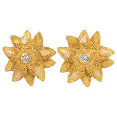 Vintage Claire Deve Paris Gilt Metal and Enamel Cabochons Floral Clip Earrings