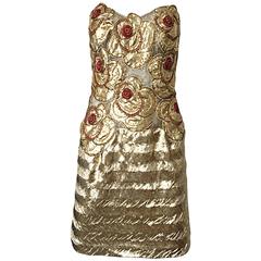 Vintage Christian Lacroix Couture Gold Silk Lame Beaded Strapless 1990s Dress