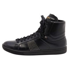 Saint Laurent Black Leather Studded High Top Sneakers Size 39