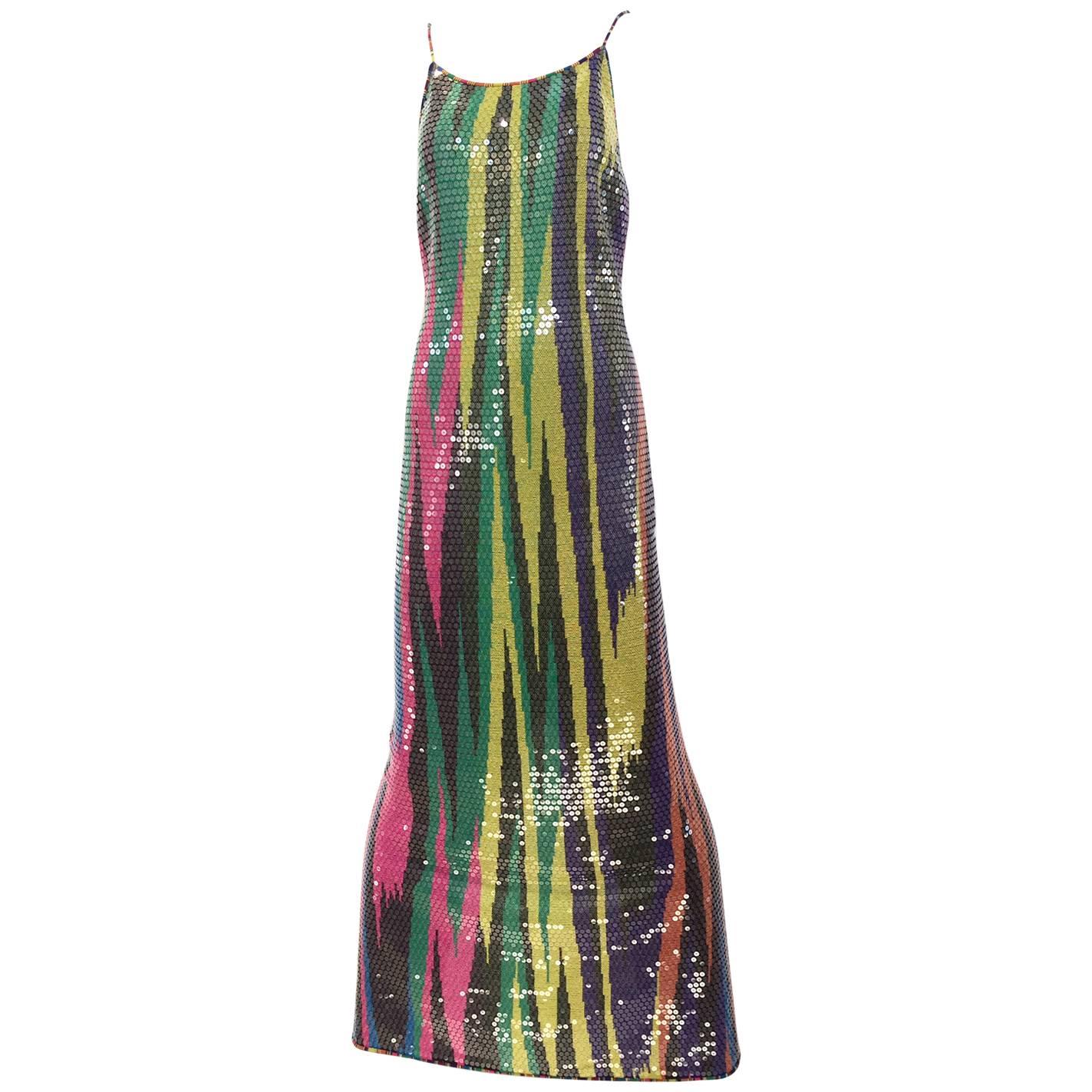 Vintage MISSONI multi color sequin spaghetti strap knit fitted dress