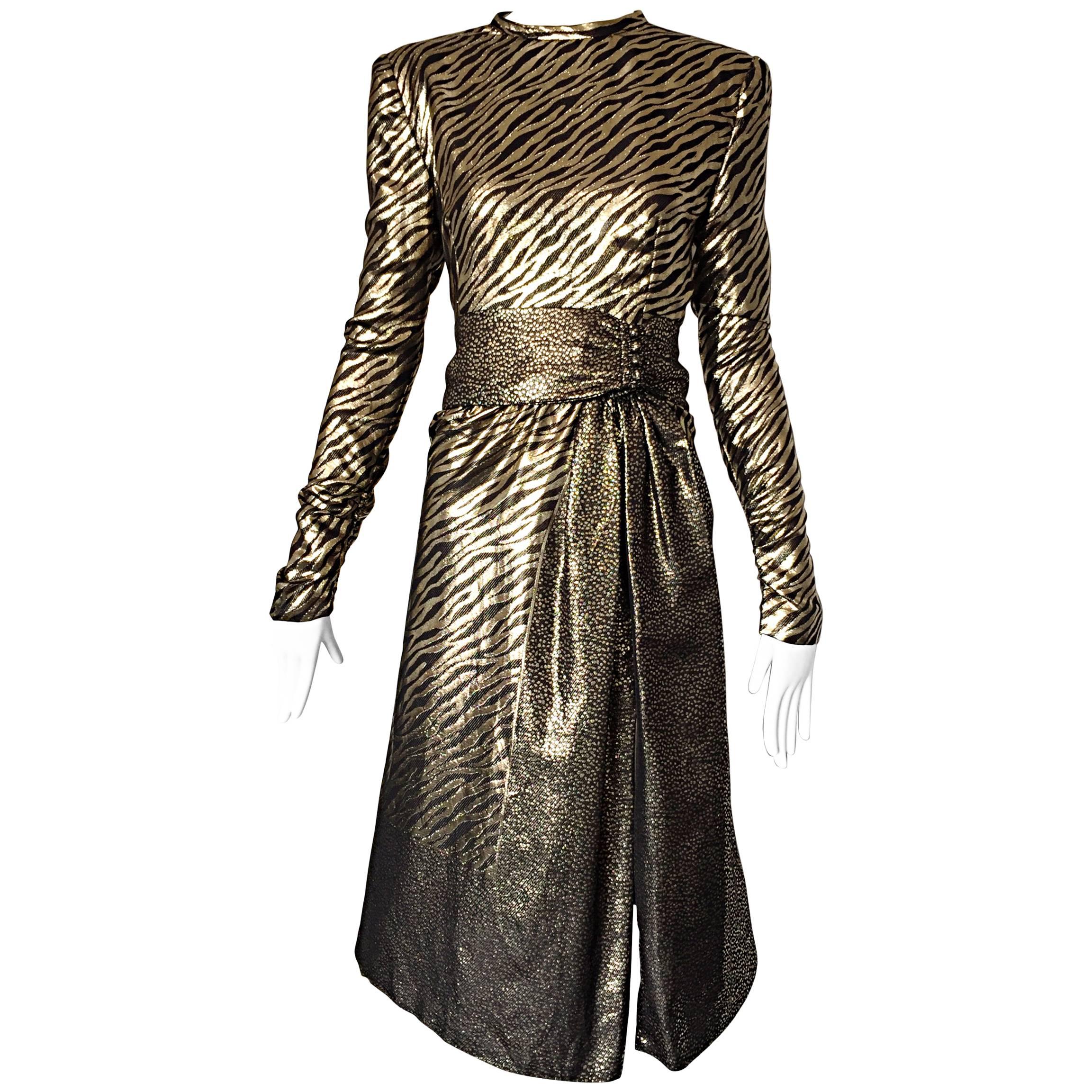 Pauline Trigere Vintage Gold and Black Silk Lame Zebra + Leopard Print Dress