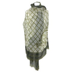 Chanel White and Green Cashmere Lattice Hearts Shawl Large Scarf