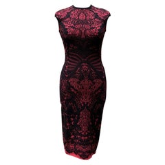 Alexander McQueen Red Black Lace Intarsia Bodycon Dress Size S