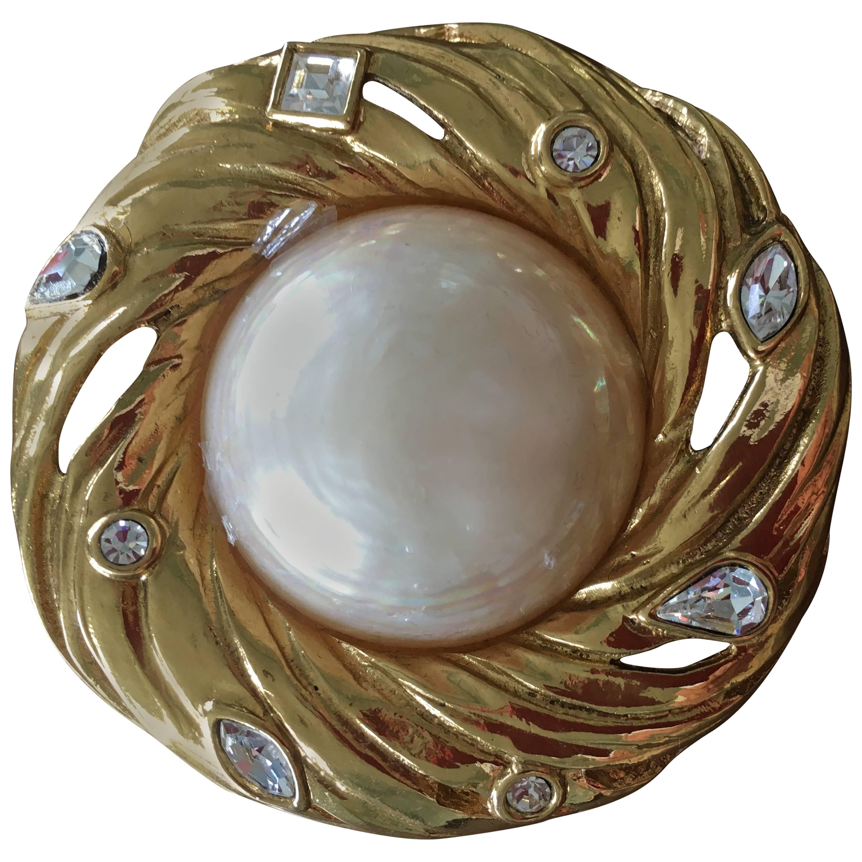Yves Saint Laurent Vintage Large Pearl and Crystal Brooch / Pendant For Sale