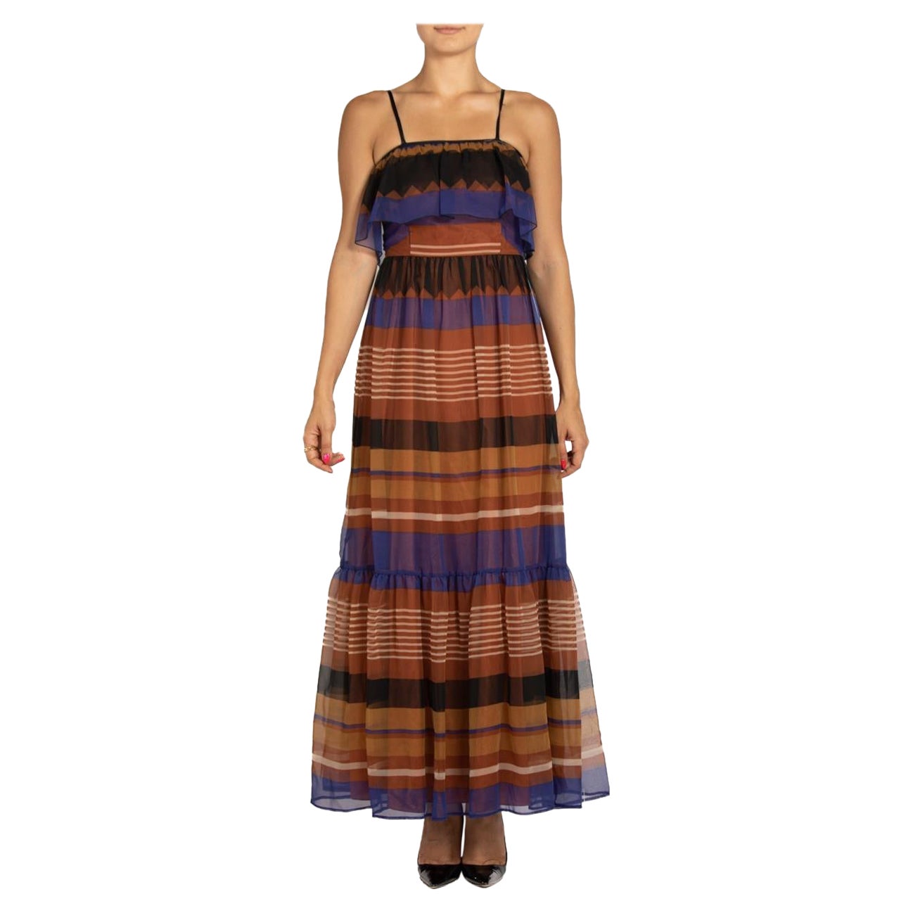 1970S Blue & Brown Polyester Chiffon Geometric Print Dress For Sale